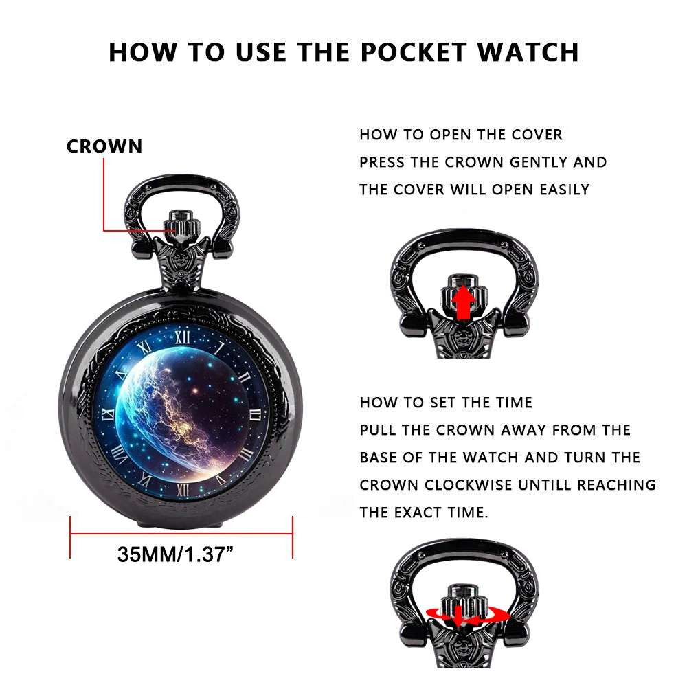 Creative Starry Sky and Moon Quartz Pocket Watch for Women Men Black Necklace, Unique Pendant Clock Chain Watch Gift Accessories