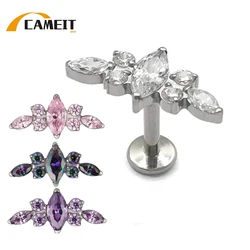 ASTM F136 Titanium Ear PIERC Curved Bar Earrings 7 CZ  Paved Top Threaded Labret Stud Tragus Lip Ring Body Piercing Jewelry