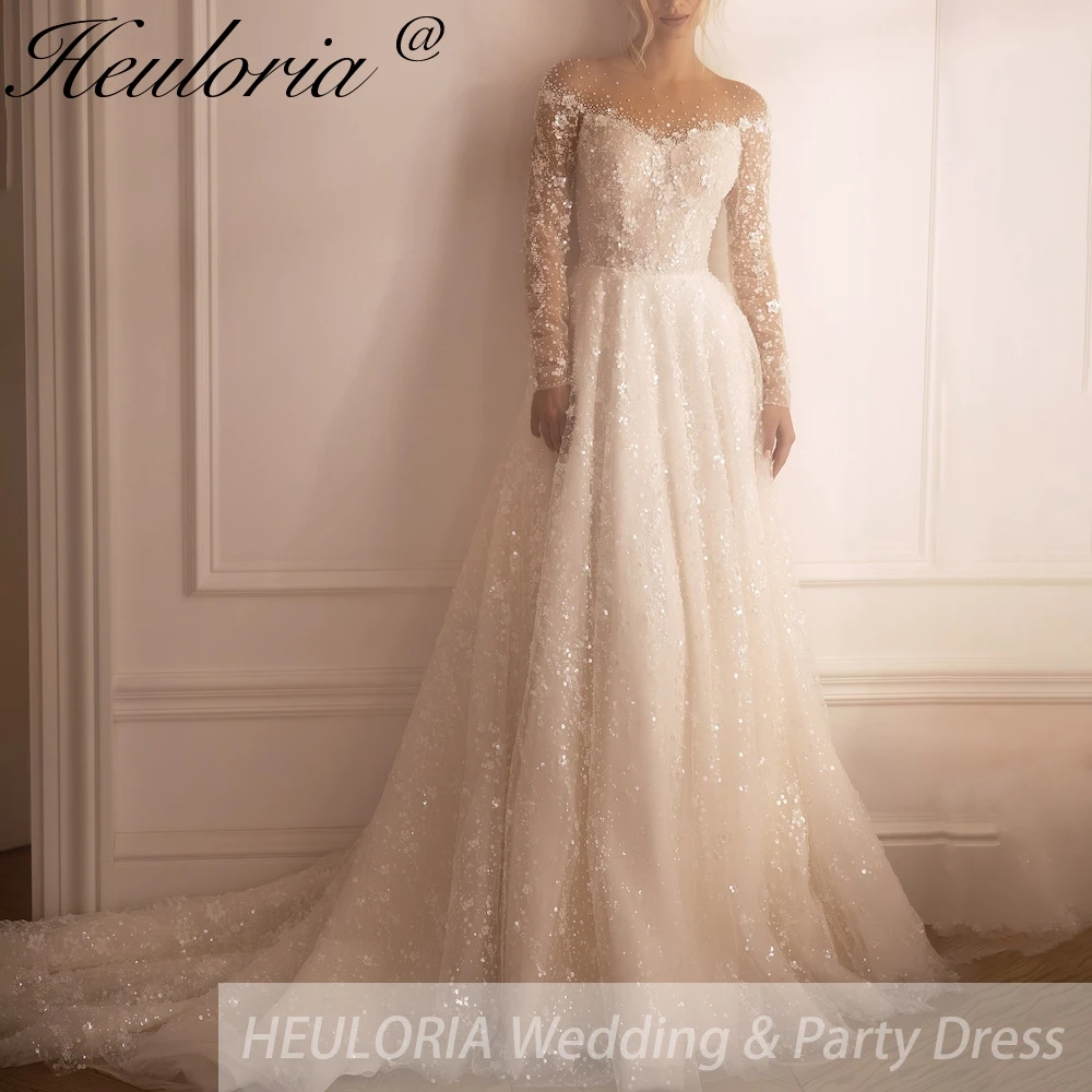 

HEULORIA винтажное блестящее свадебное платье с длинными рукавами, кружевное платье невесты с блестящими тюлевыми румянами, большие размеры, robe de mariee