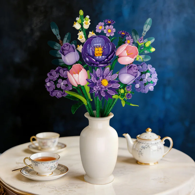 Tulip Rose Sunflower Building Set - Realistic Flower Bouquet Model Kit, Creative Educational Toy Gift