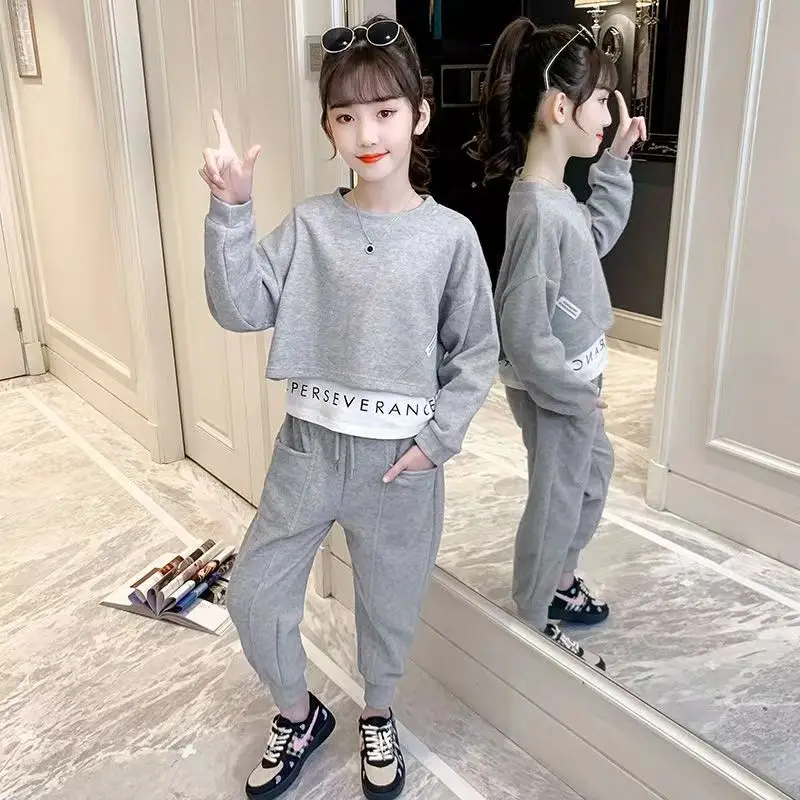 2024 autumn teenager Gray girls Sport Suit Clothes Long Sleeve Top sweatshirt & Legging Pants 6 7 8 9 10 11 12 Years Child set