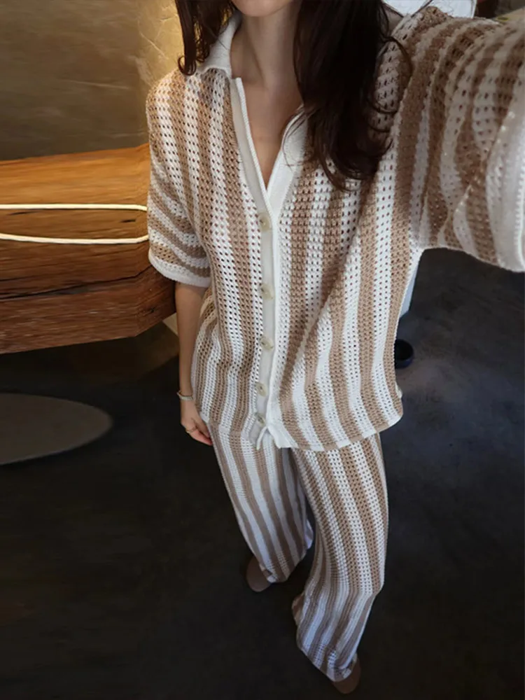 

Casual Knitted Striped Pants Sets Women Hollow Out Lapel Half Sleeve Buttons Tops Wide Leg Pant 2025 Summer Lady Beach Outfits