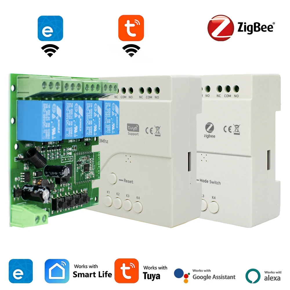 Module de relais intelligent Tuya Smart Life / Ewelink 4 canaux WiFi / Zigbee 4CH AC DC 7-32V 85-250V RF433 Télécommande sans fil pour Alexa