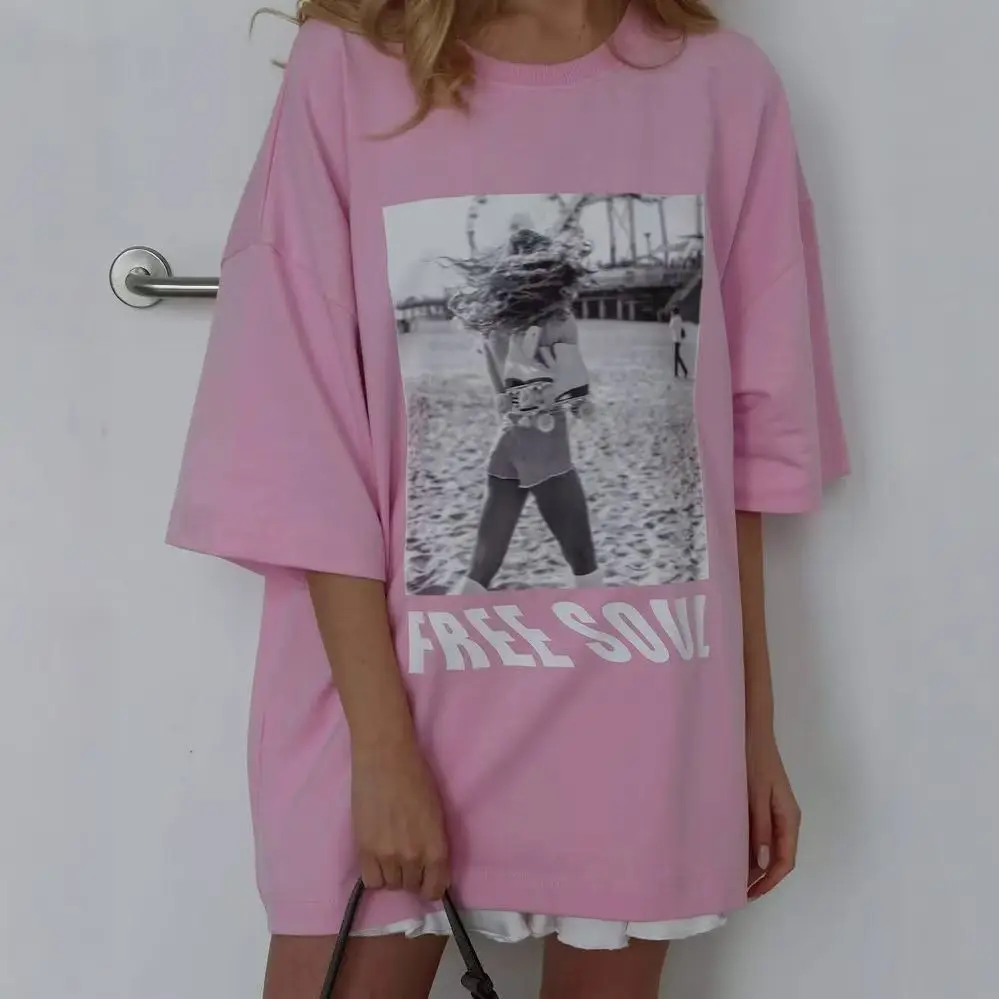Pink Free Soul Print Summer Vacation Atmosphere Loose 100% Cotton T Shirt for Women Short Sleeve T-shirts Oversized Streetwear