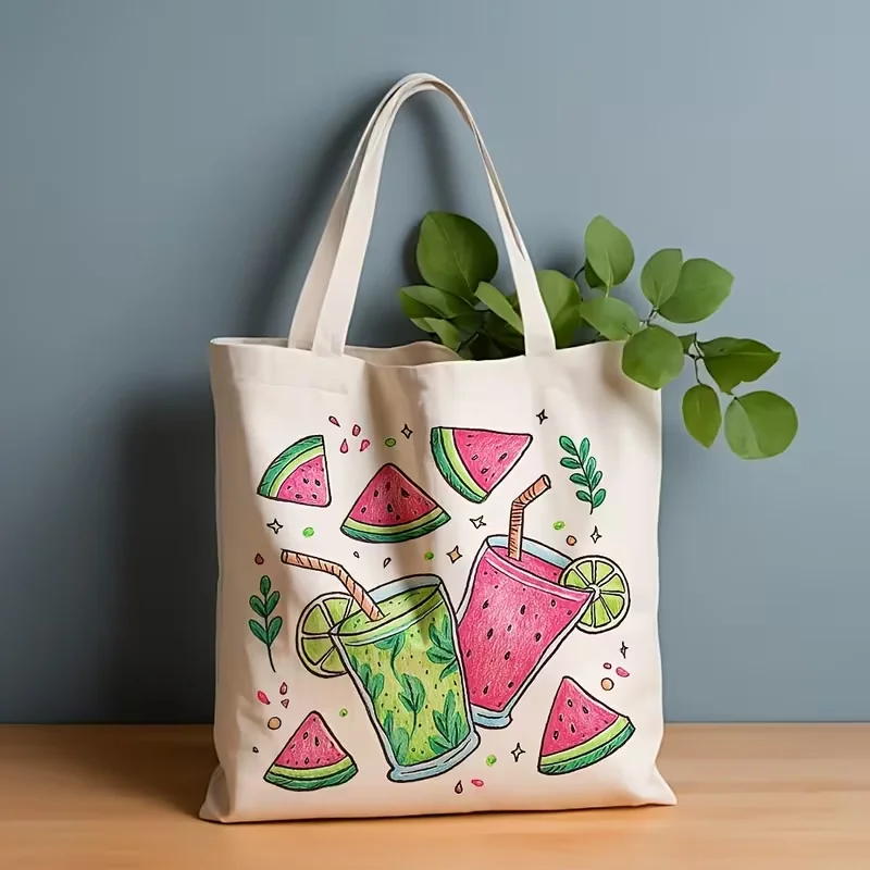 Watermelon Juice Summer Drink Canvas Tote Bag Cute Fruit Cocktail Lime Leaf Print Shoulder Tote Reusable Bag for Daily