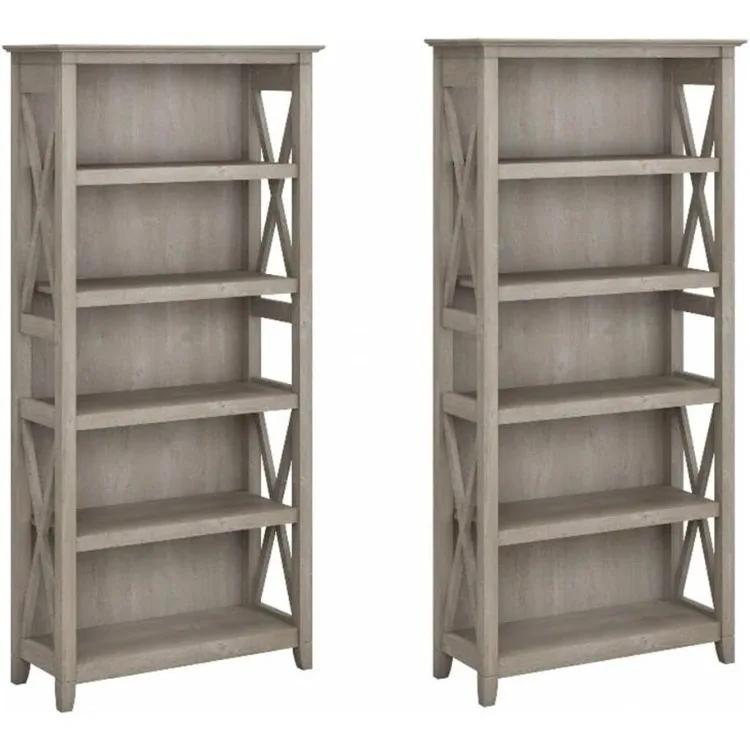 West 5 Shelf Bookcase - Set of 2 Tall Bookshelves in Washed Gray Sturdy Display Shelves for Library, Living Room, and Home