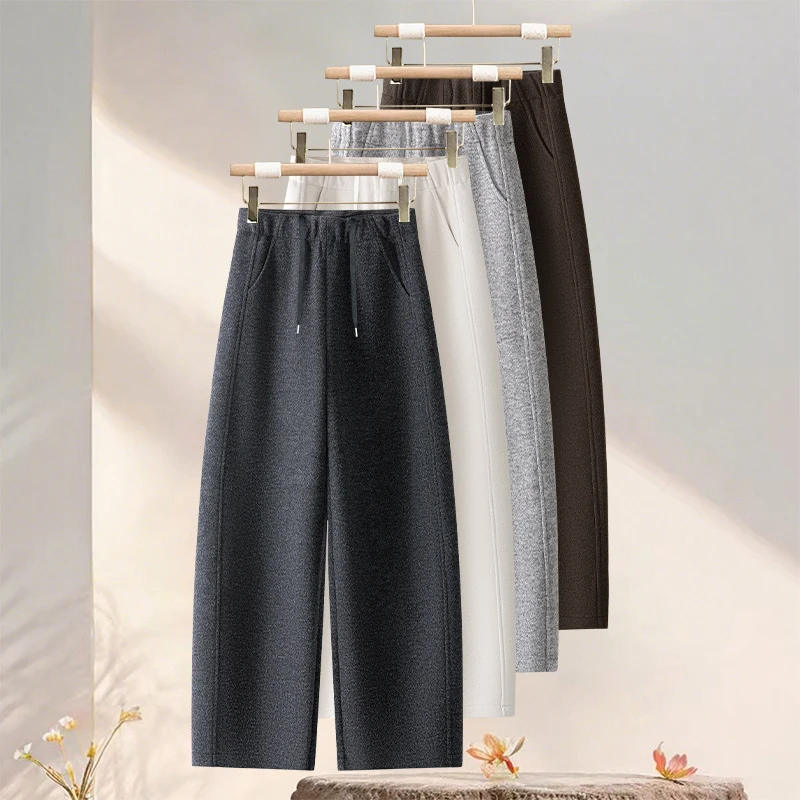 

Мягкие и уютные шерстяные брюки с изогнутым кроем для женщин, зимние, на резинке, с высокой талией, струящиеся, повседневные, свободные, широкие, модный стиль.