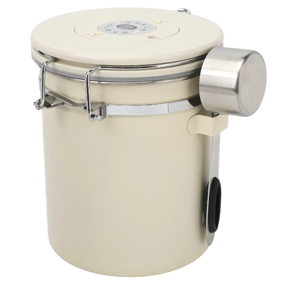 Vacuum Seal Airtight Coffee Canister With Scoop Airtight Lid Coffee Bean Storage Container White Finish Stainless Steel Body