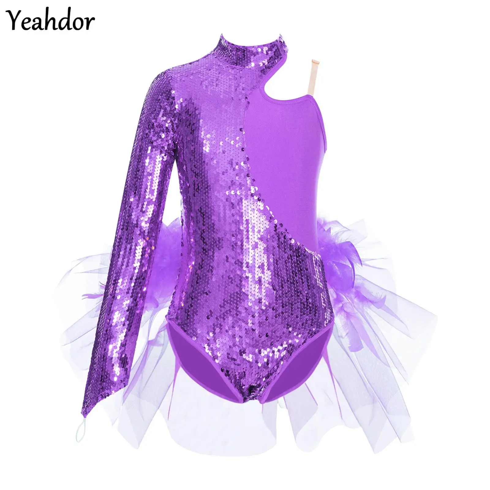 

Girls Shiny Sequin Tulle Skirted Leotard Jazz Ballet Dance Gymnastics Jumpsuit Long Sleeve Figure Skating Feather Tutu Bodysuit