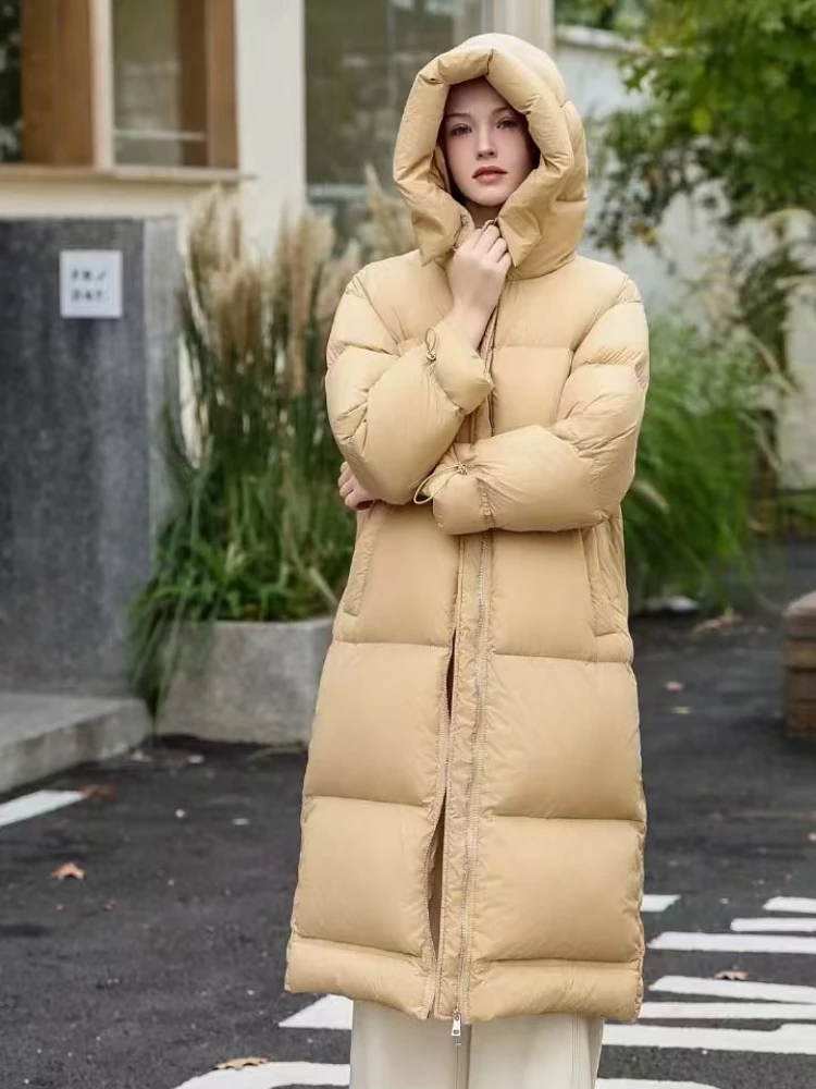 

Winter Puff Down Jacket Female Long Section New Thickened White Duck Down Warm Puffer Jacket Over The Knee Loose Hooded Jacket