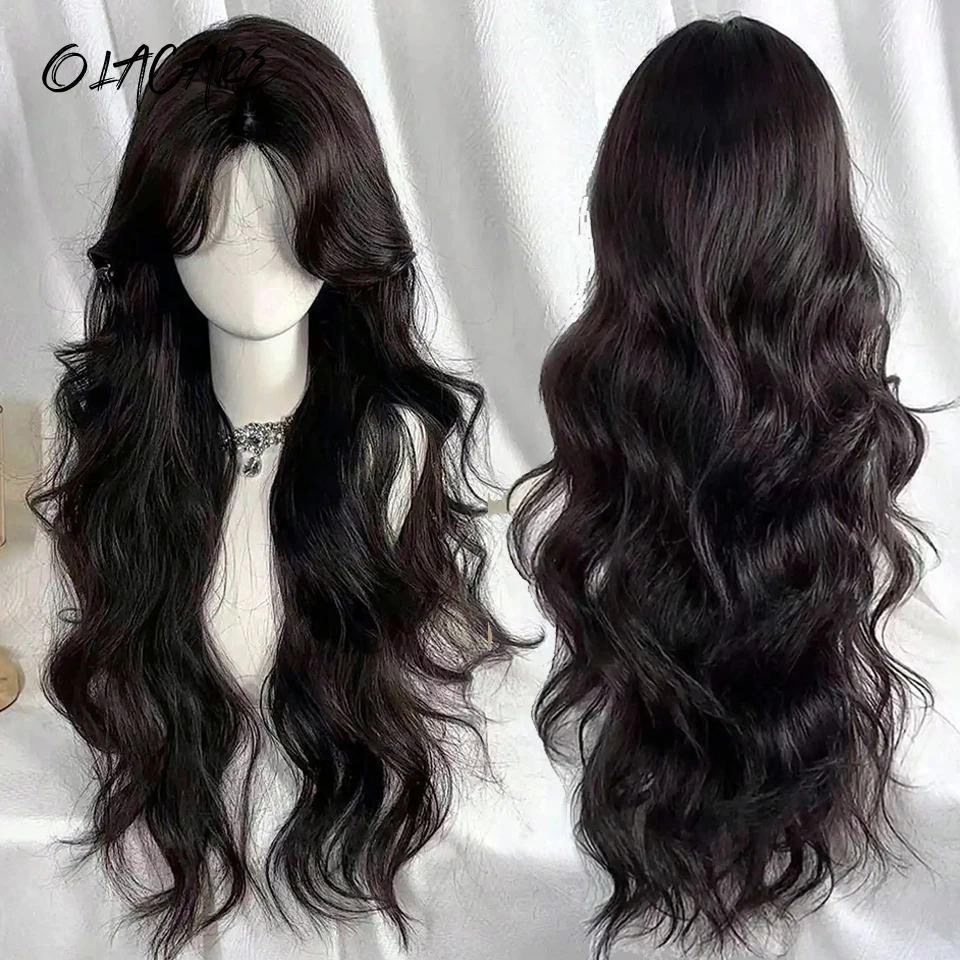 30Inch Synthetic Wigs Long Wavy Hair Curly LM Wig with Bangs Cosplay Headband Wigs Lolita Black Wig for Women Daily Use