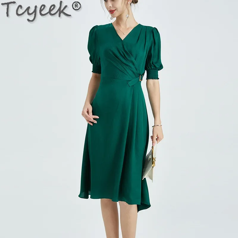 

Tcyeek 100% Mulberry Silk Dress for Women Clothes Waist Elegant Women's Dresses Fashion Summer Dress Slim Fit Vestido Feminino