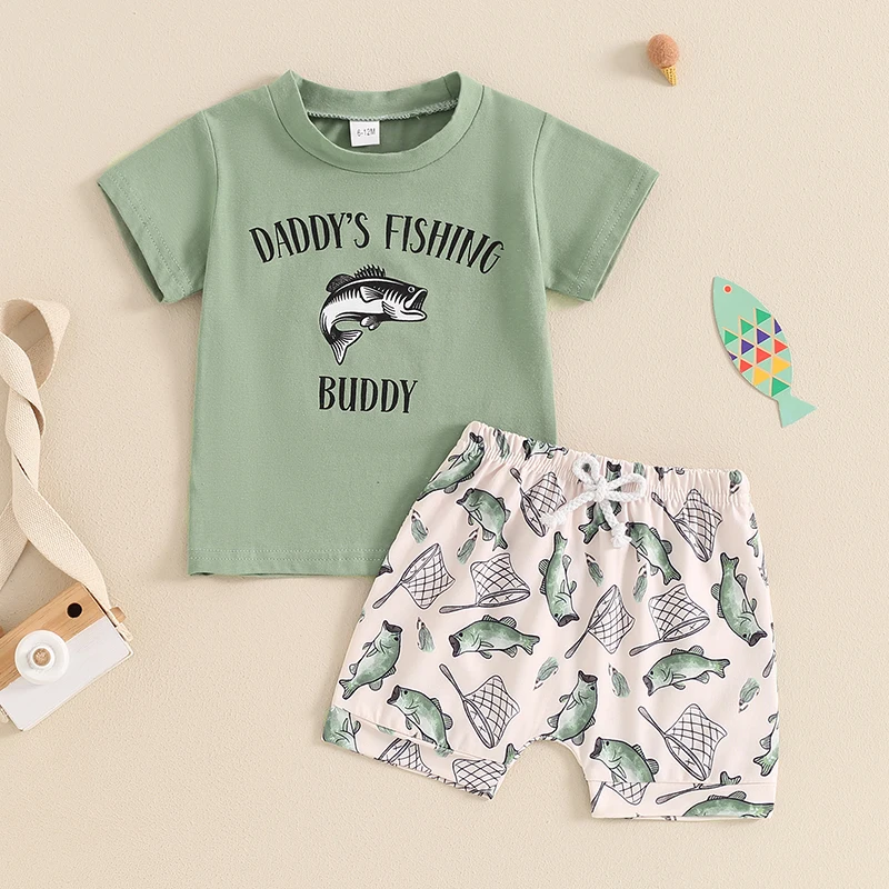 

Casual Baby Boys Summer Outfits Letter Print Short Sleeves T-Shirt Elastic Fish Print Shorts Set for 2 Piece Boys Clothes Set