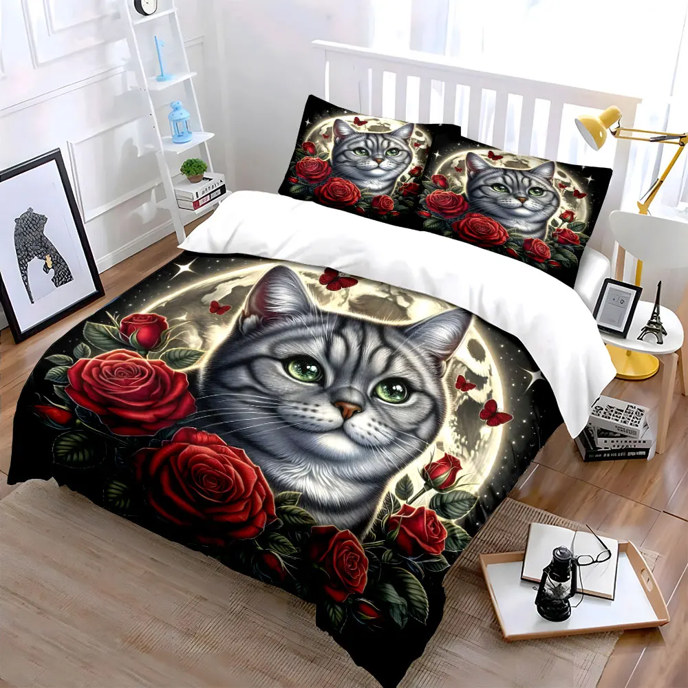Full moon with roses and butterflies Pattern Duvet Cover Set Digital Print Colorful Polyester Bedding with Zipper Closur