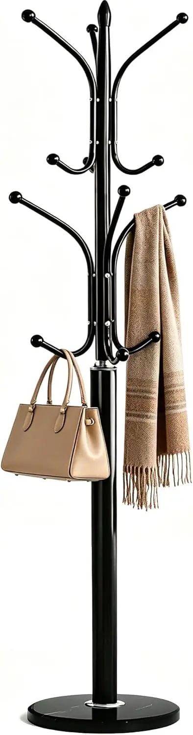 12 Hooks Metal Coat Rack Freestanding Coat Tree with Marble Base, Heavy Duty Coat Rack Stand (Black)
