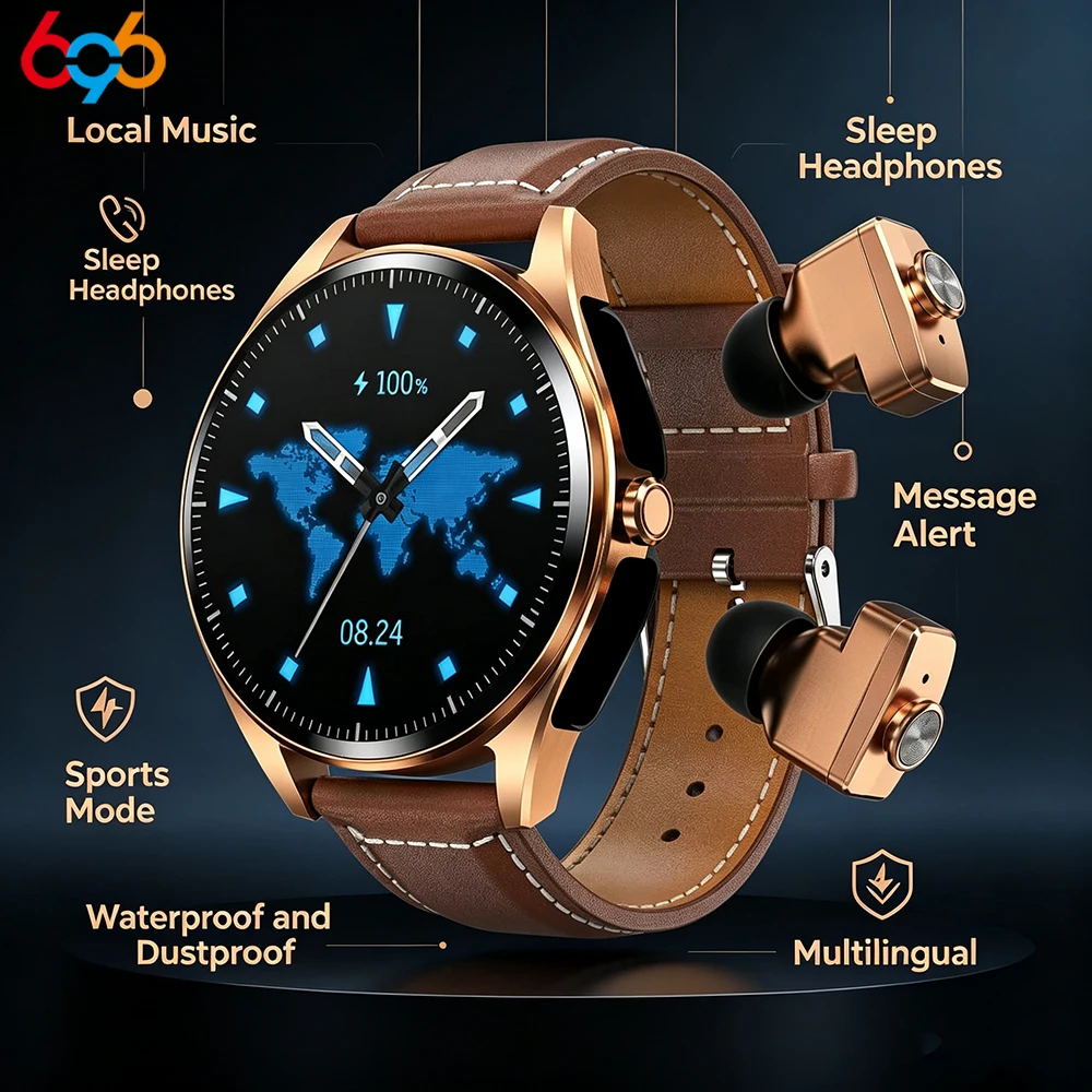 

Умные часы с TWS Bluetooth-гарнитурой 2-в-1: часы для мужчин и женщин, воспроизведение музыки, звонки по Bluetooth, водонепроницаемые, спортивные режимы, уведомления о сообщениях