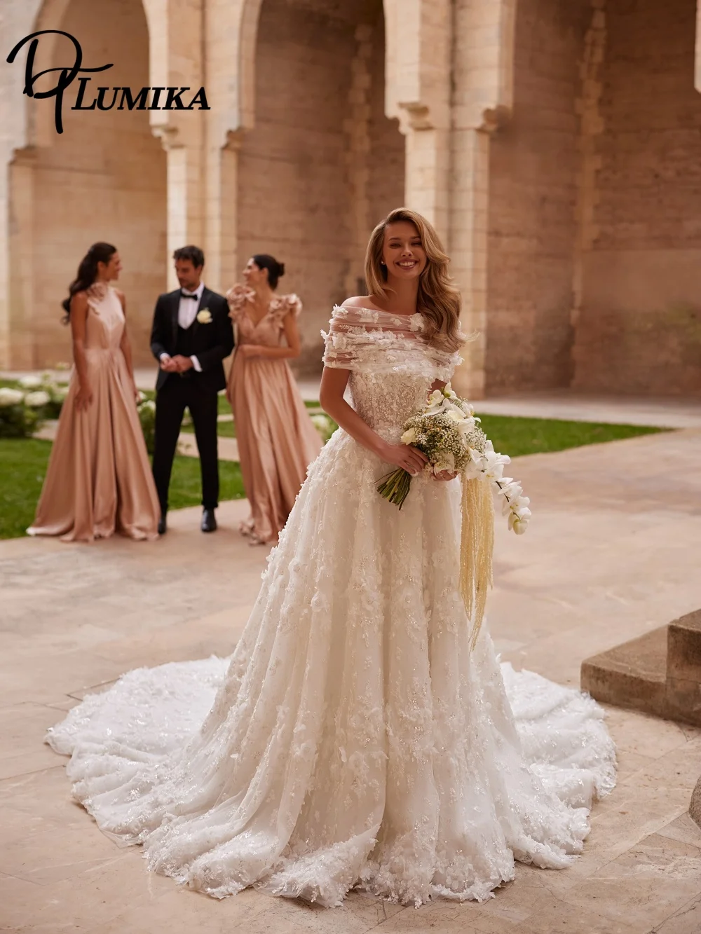 Elegant Off-Shoulder Wedding Dress 2026 Luxurious Appliquéd Church Bridal Gown Graceful A-Line Tulle Floor-Length Dress Customiz
