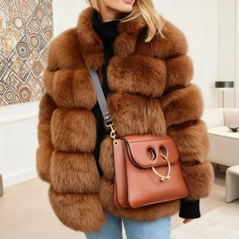 Casacos de pele de raposa falsa roxa maxi casacos femininos gola virada para baixo grosso quente elegante outono inverno ponto aberto jaquetas de pele streetwear