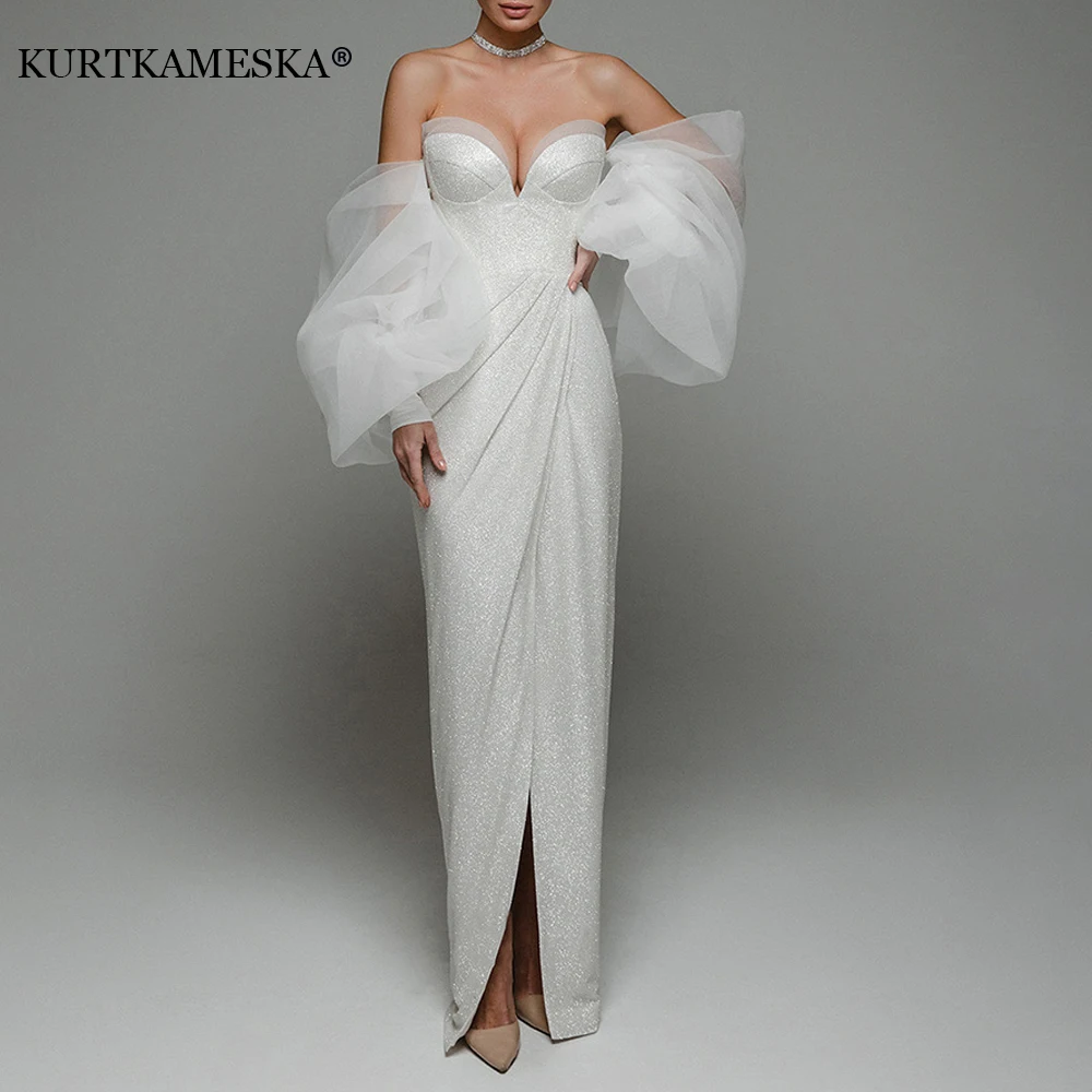 ชุดราตรีผู้หญิง 2025 ใหม่หรูหราเซ็กซี่ปิดไหล่ร้อนเงินพัฟแขน Strapless งานแต่งงานชุดราตรียาว