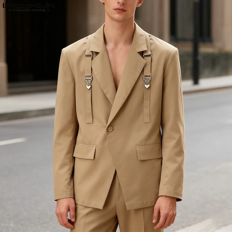 

INCERUN Men Blazer Solid Color Lapel Long Sleeve Casual Suit Men Streetwear One Button Fashion Leisure Male Thin Coats S-5XL