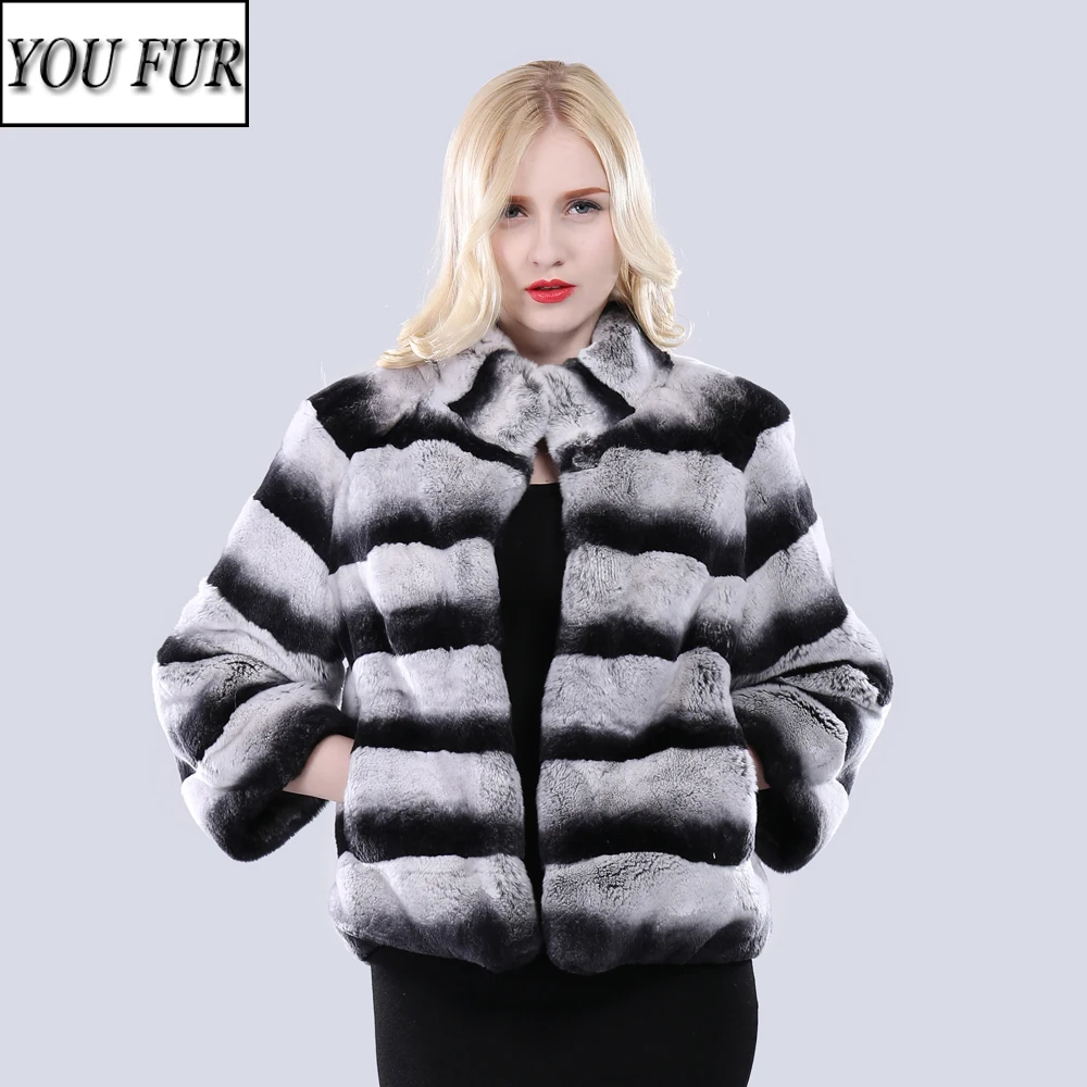 

New Women Winter Quality Real Rex Rabbit Fur Coat Natural Warm Rex Rabbit Fur Jackets Female Thick Chinchilla Color Overcoat