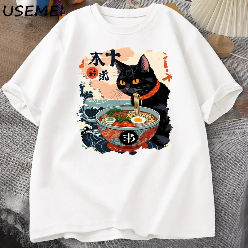 Kawaii Cat Anime Tshirt Ramen Japanese Funny Graphic Tee Kawaii Noodle Cat Tee Shirt Man Short Sleeve T-shirt Harajuku Clothes image 3