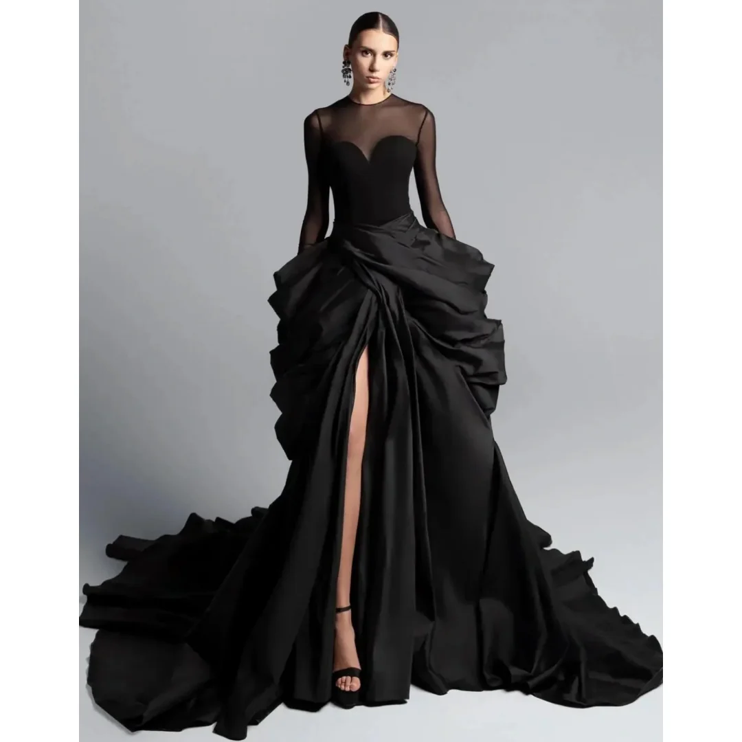 

A Line Satin Evening Dresses Side Split Long Sleeves Maxi Gown Fashion Pleated Wedding Party Dress Customized Elegant Vestidos