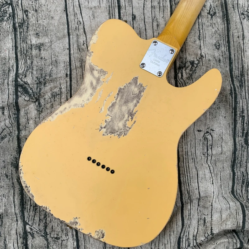 Left Hand Electric Guitar Tel light yellow Body Rosewood Fingerfrets Fixed Bridge Black Pickguard Factory Custom