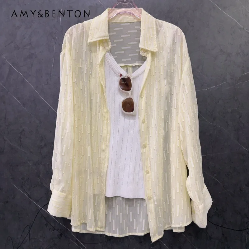 

Women's New Heavy Craft Vertical Stripe Hotfix Rhinestone Jacquard Thin Long Sleeves Shirt Loose Versatile Casual Fashion Blouse