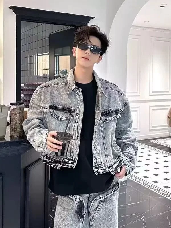 

Retro American ort Sle Men's Denim Jaet Straight Loose Jeans Tie Dye Two Piece Set Youth Faion Autumn Collection