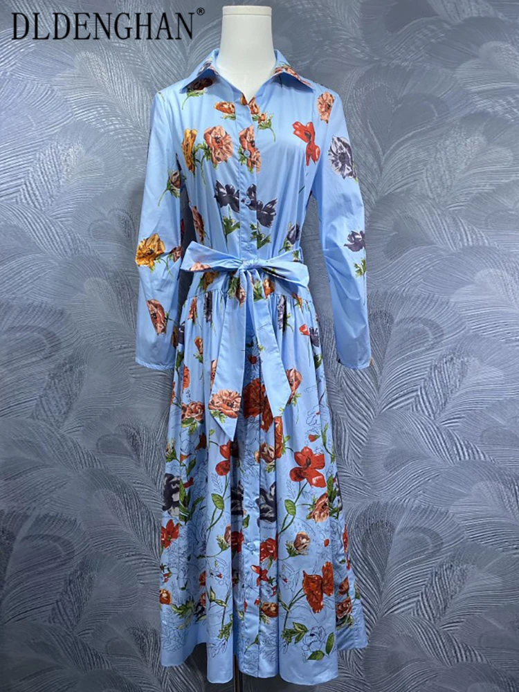 

DLDENGHAN Cotton Single Breasted Dress For Women Turn-down Collar Long Sleeve Flower Print Lace-up Vintage Dress Fashion Female