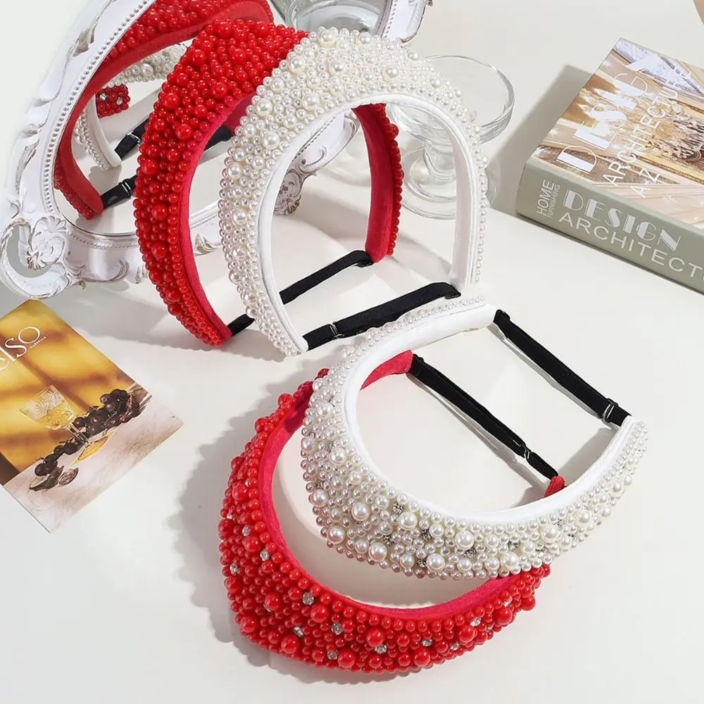 

Vintage Elegant Velvet Crown Headband Baroque Elastic Pearl Rhinestone Hair Hoop Headwear Wide Edge Sponge Hairband Banquet