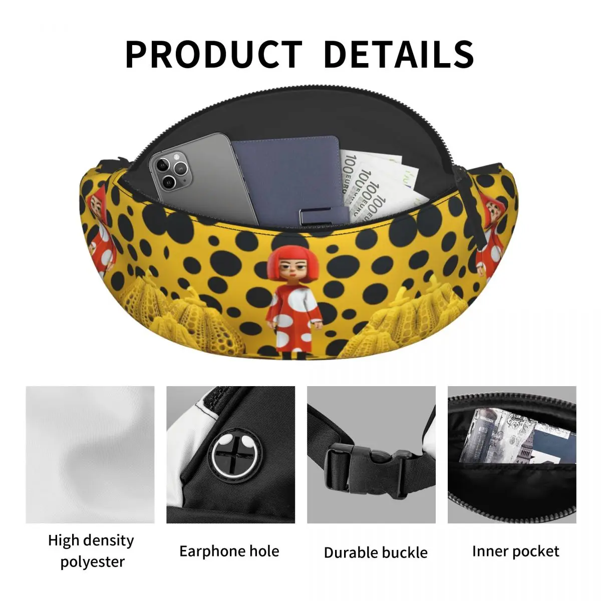 Yayoi Kusama riñonera de Polka para hombre y mujer, bolso de cintura cruzado de calabaza personalizado para correr, teléfono, dinero