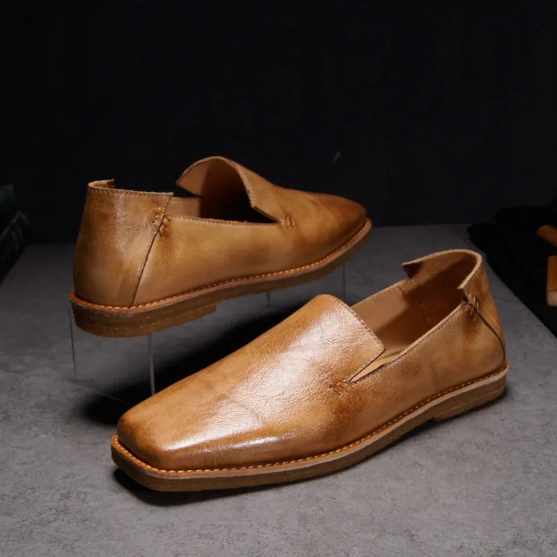 

Лоферы ручной работы, мужская обувь из натуральной кожи, удобная повседневная кожаная обувь с квадратным носком для вождения, мужские оксфорды из воловьей кожи на плоской подошве