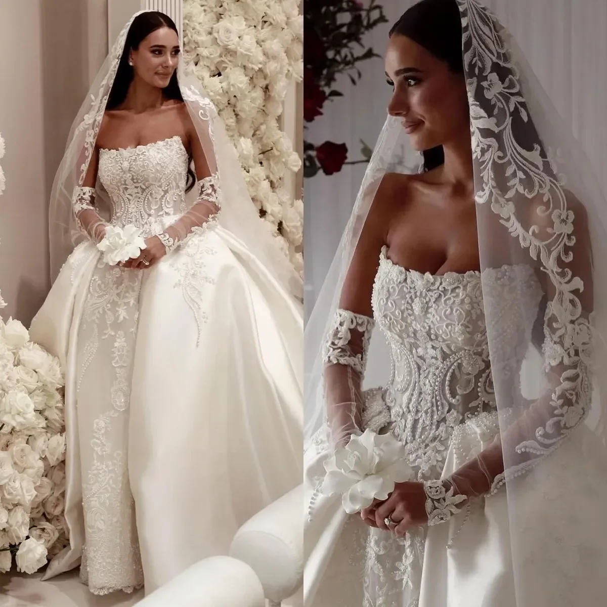 Luxury Arabic Women's A-line Wedding Dress New Elegant Strapless Lace Bridal Dress Detachable Long Sleeve Sexy Customization