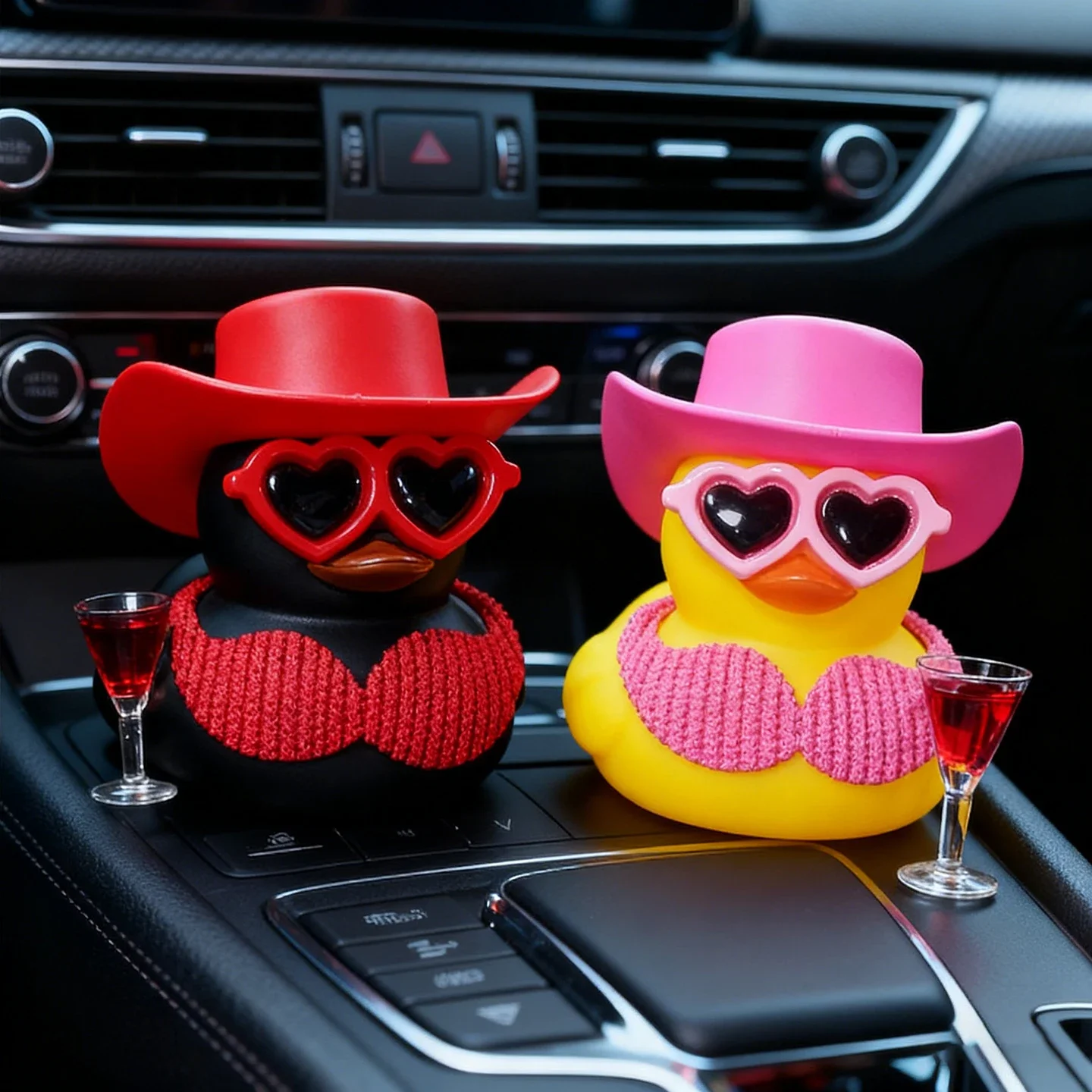 Pato de borracha bonito para decorações do painel do carro engraçado presentes de escritório pato de borracha com biquíni chapéu de cowboy para jeep carros ornamento
