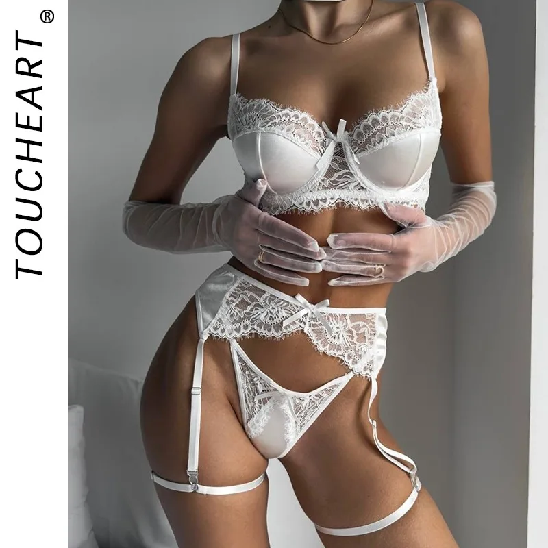 

Toucheart Erotic Lingerie Embroidery Floral Lace Patchwork Solid Color Skinny Plunge Elegant Seductive Hollow Intimate Underwear