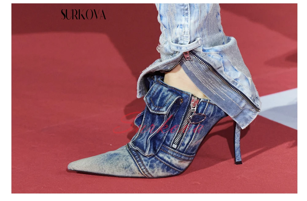 Vintage Denim Pocket Pumps Pointed Toe Slingback High Heels for Women Sexy Stilettos Outdoor Runway Shoes Women\'s Fashion Shoes