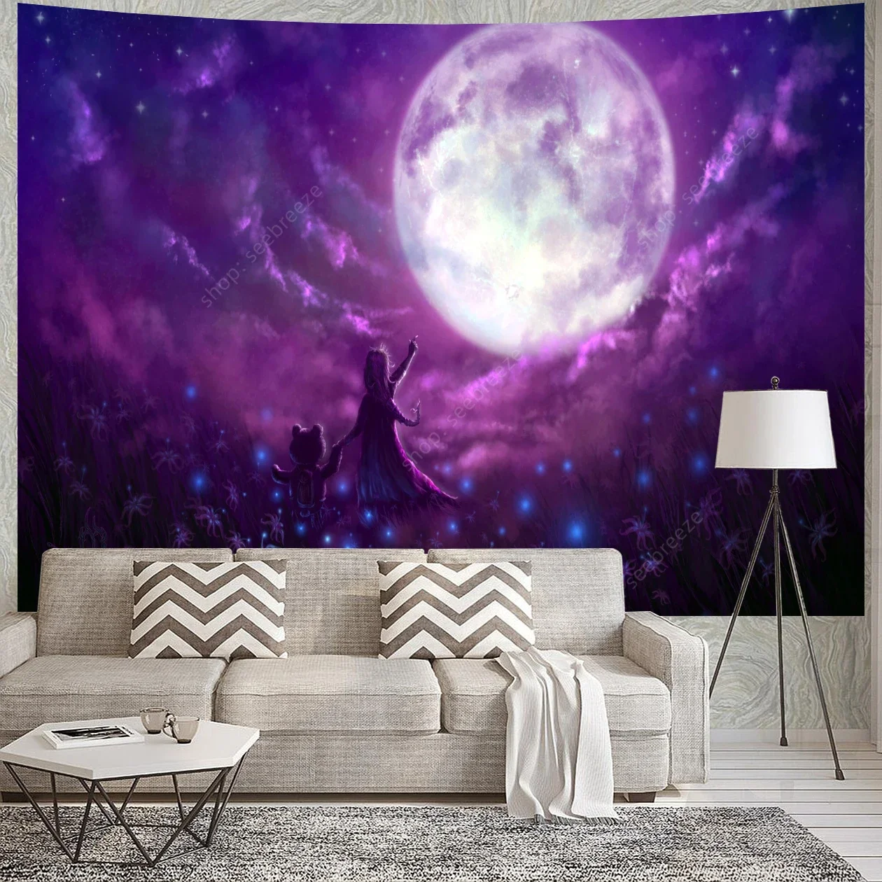 Purple Moon Teddy Bear and Girl UV Reactive Tapestry Wall Hanging for Psychedelic Art Mystic Kawaii Room Decor Mandala Yoga Mat