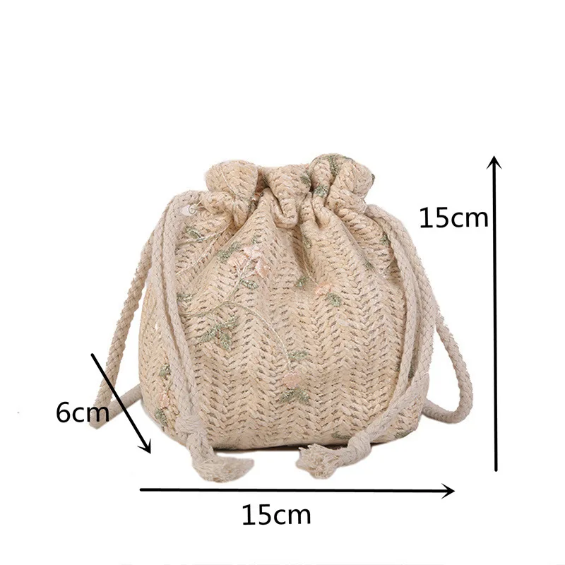 Fashion Small Shoulder Bags  Women Drawstring Straw Beach Bags Flower Embroidery Bags Ladies Lace Crossbody Handbags for Travel