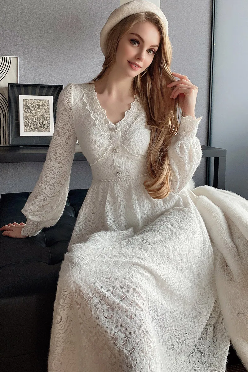 Dabuwawa  Lace Long Dress V-Neck Lace Rhinestone Lantern Sleeves  Fit and Flare Mid Calf Skirt Y2K DF1DDR039