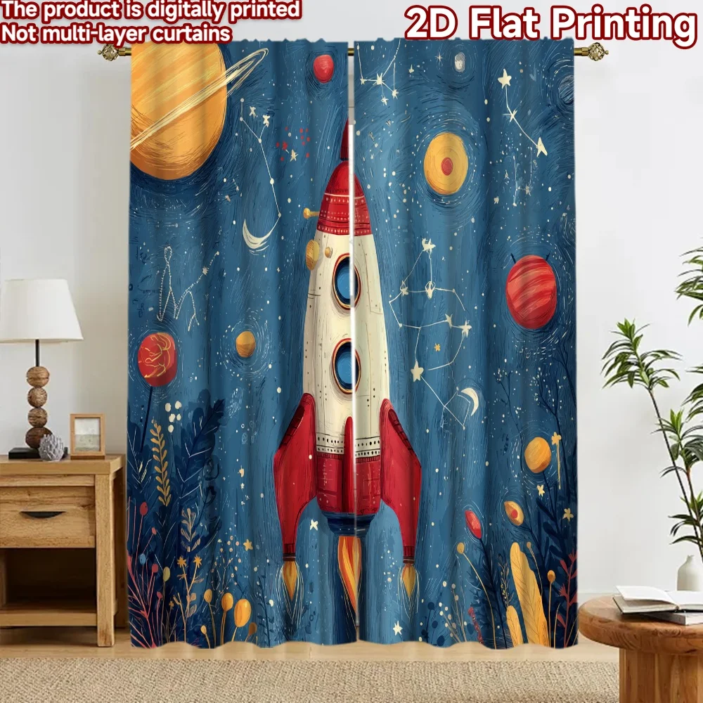 2D flat 2pcs Curtain Retro Country Style Curtains Space Rocket and Planets Digitally printed polyester, colorfast Birthday Party
