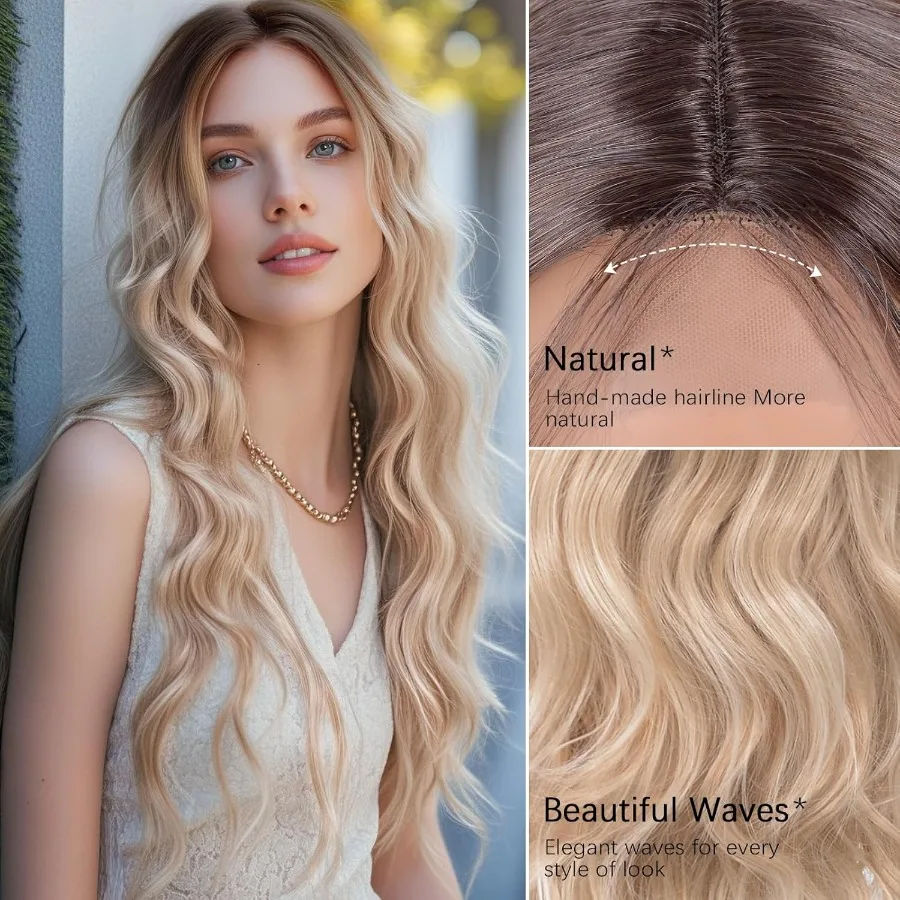 Długa Brązowa Peruka Ombre Blond Falowana dla Kobiet 66 cm z Przedziałkiem na Środku Kręcona Falowana Peruka Naturalnie Wyglądająca Syntetyczna Odporna na Ciepło
