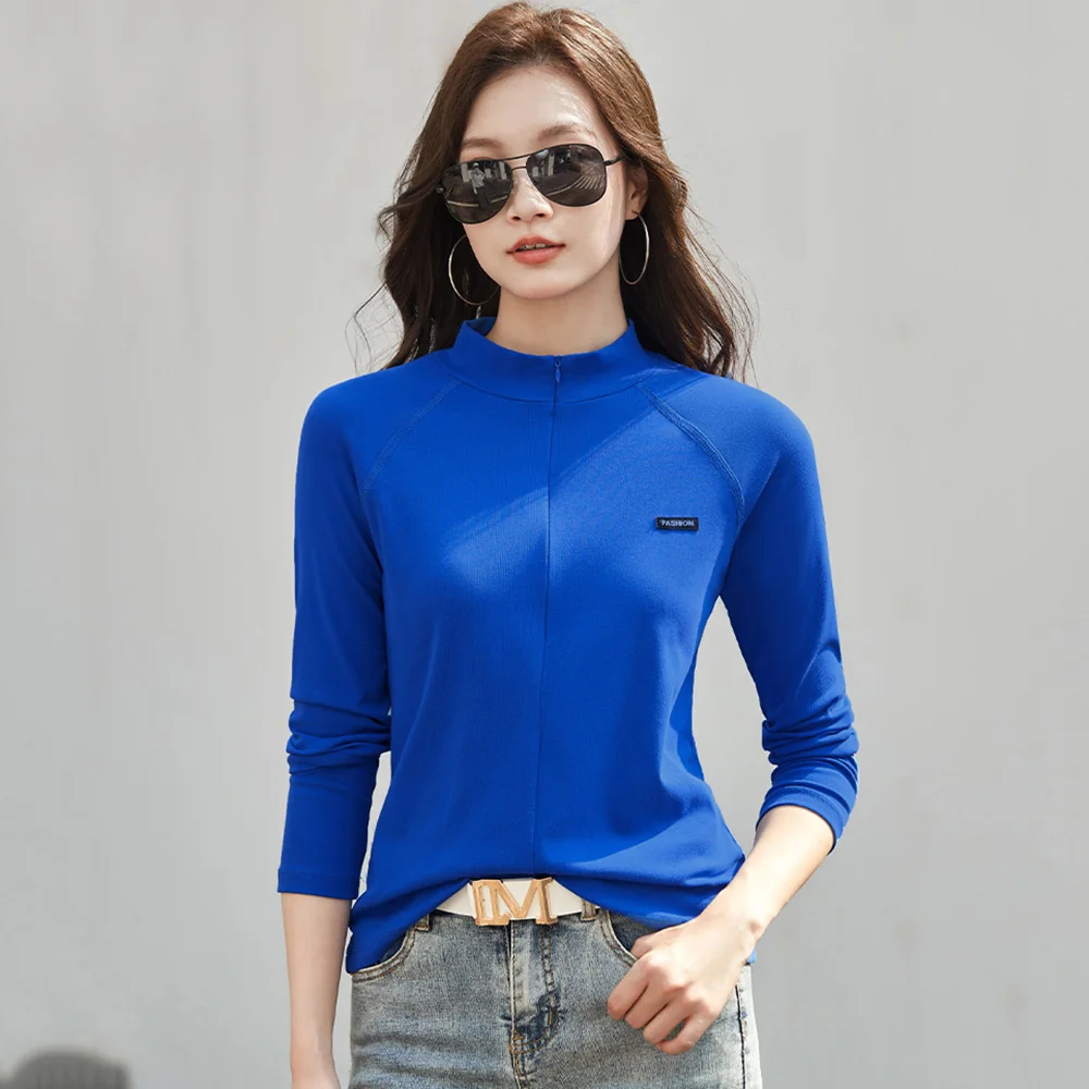 

Новинка Женская Молния Воротник-стойка Футболка Весна Осень Мода Однотонная Узкая талия Длинный рукав Повседневная Базовая футболка Женская