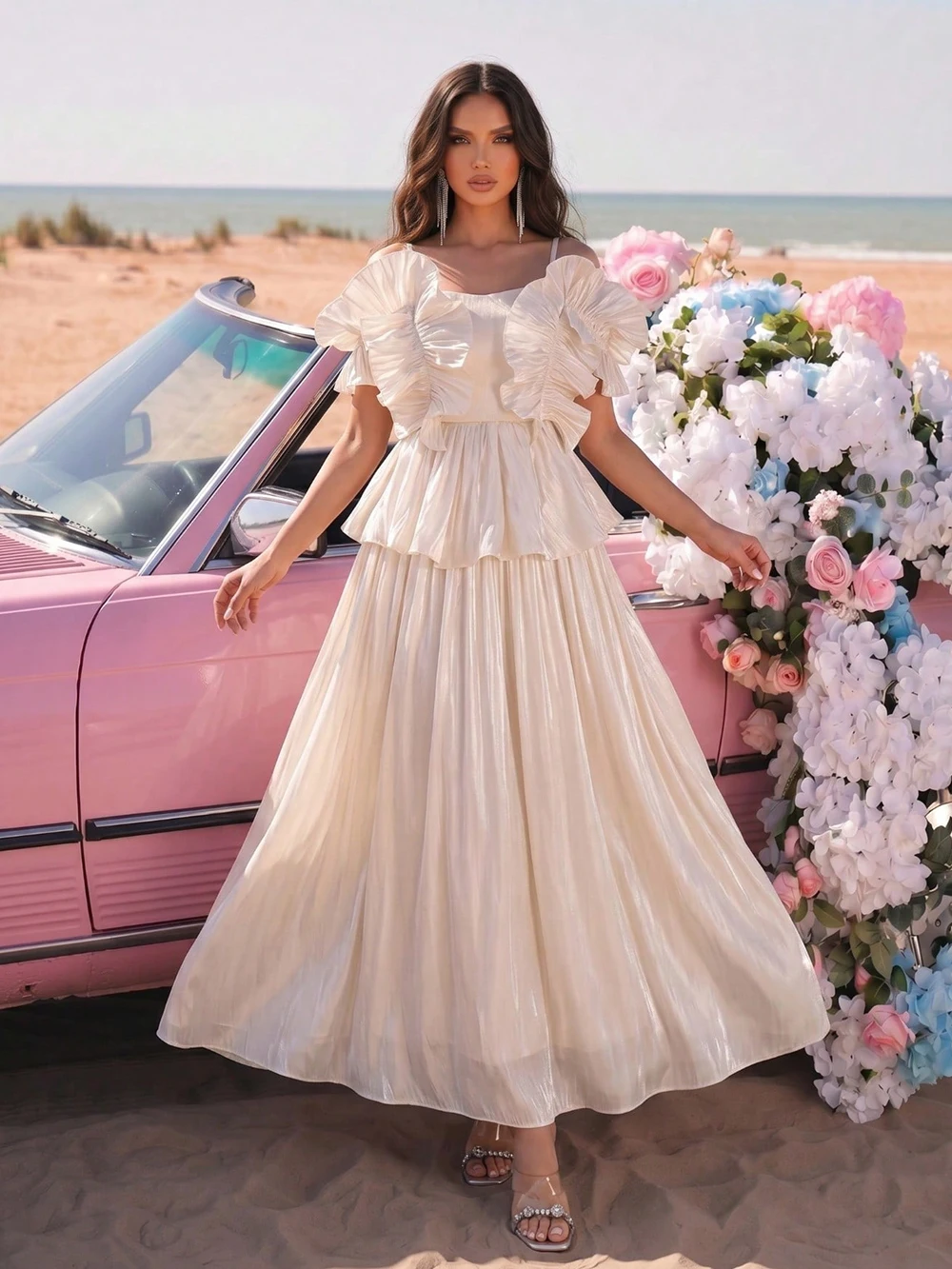 Modphy Tempatement Patchwork Ruffle Slim Dress For Women Strapless High Waist Ruched Long Elegant Dresses Female Fashion