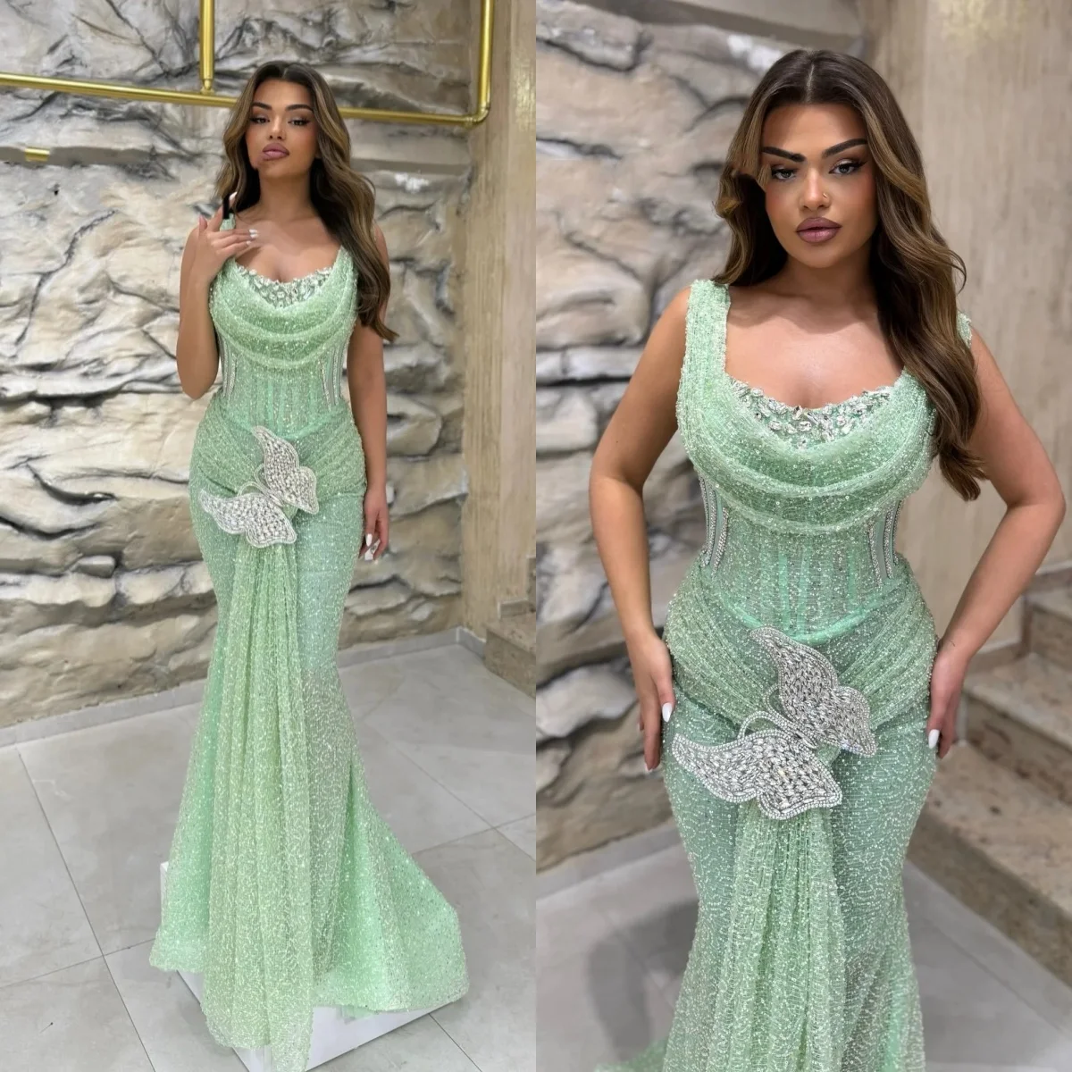 

Fashion Evening Dresses Jewel Neck Sleeveless Gown Sequins Crystal Sweep Train Dress Party Customized Dress