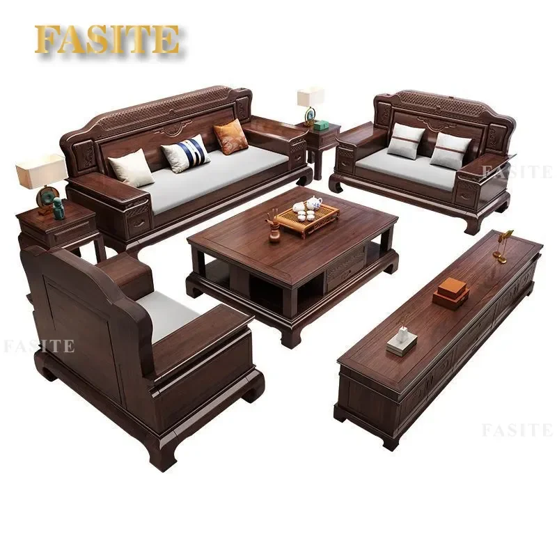 For New Chinese Classical Full Tenon and Mortise Full Solid Wood Sofa Winter and Summer Two Use Living Room Villa Large Sized