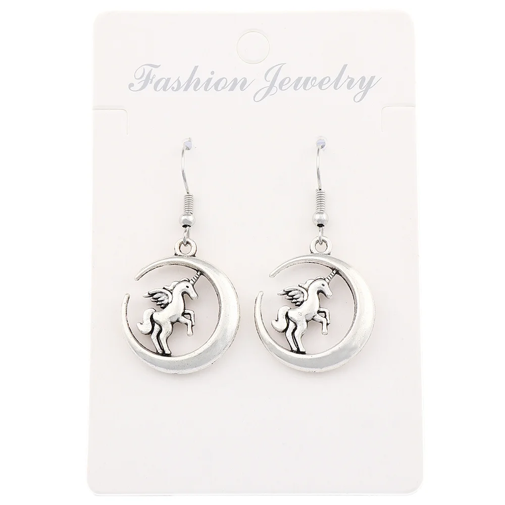 Tibetan Silver Color Animal Unicorn Horse Crescent Moon Pendants Earrings for Fashion Women Jewelry Accessories