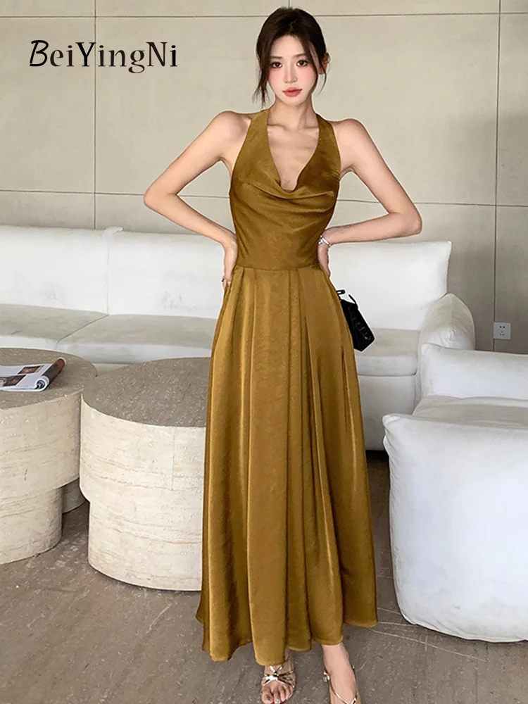 Beiyingni Halter Swing Collar Long Maxi Dresses Women Satin Vintage Slim Waist Pleated Backless Dress Female Club Gold Vestidos