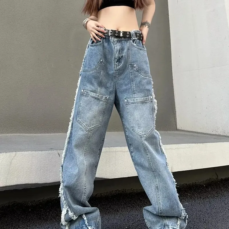 Jeans Rough Edges Multi Pockets Baggy Stacked Design Cargo Jeans High Waist 2025 Streetwear Pants for Women Washed Blue Trousers